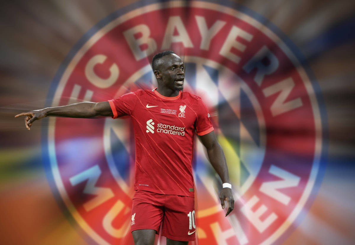Sadio Mane pictured in a Liverpool kit in front of a giant Bayern Munich logo