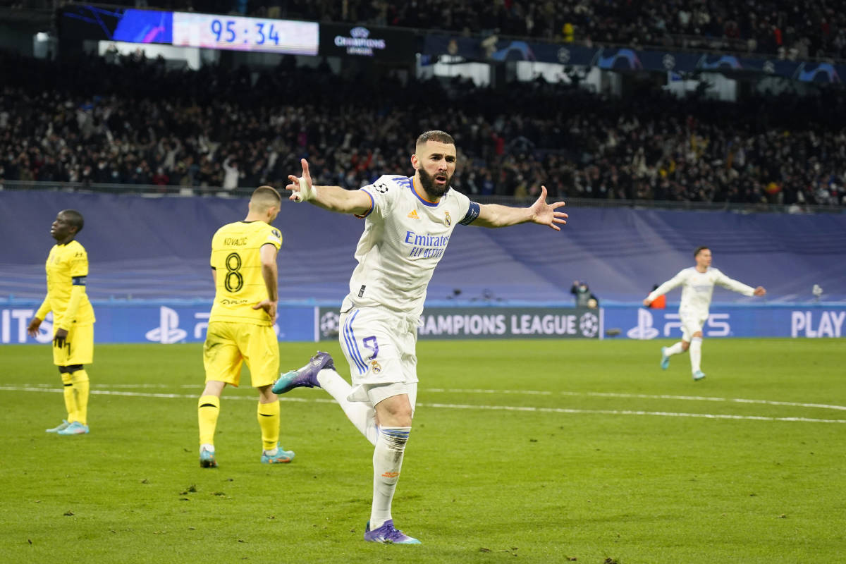 Karim Benzema celebrates scoring for Real Madrid in extra time to knock Chelsea out of the Champions League in April 2022