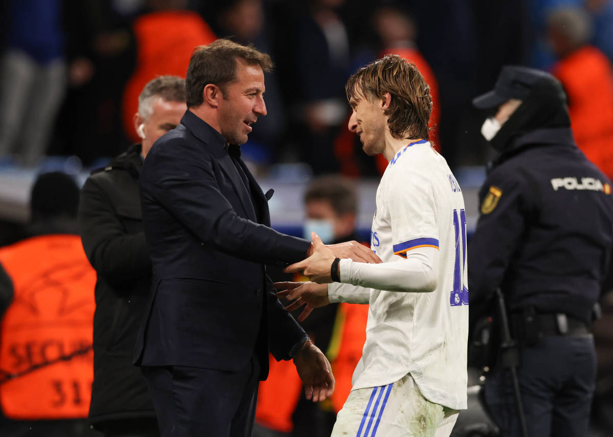 Alessandro Del Piero (left) greets Luka Modric after the Croatian midfielder helped Real Madrid knock Chelsea out of the 2021/22 Champions League