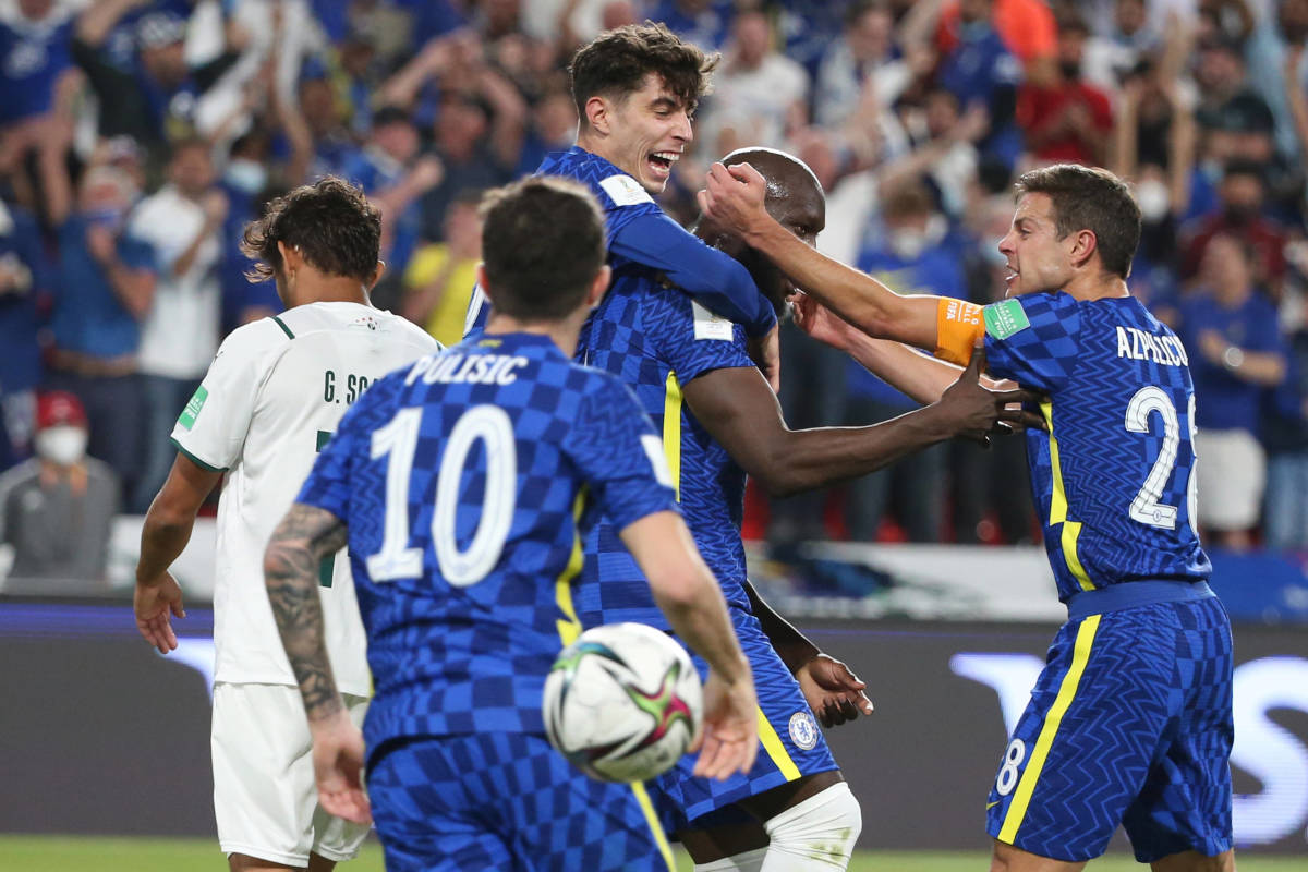 Romelu Lukaku is mobbed by his Chelsea teammates after scoring in the FIFA Club World Cup final against Palmeiras