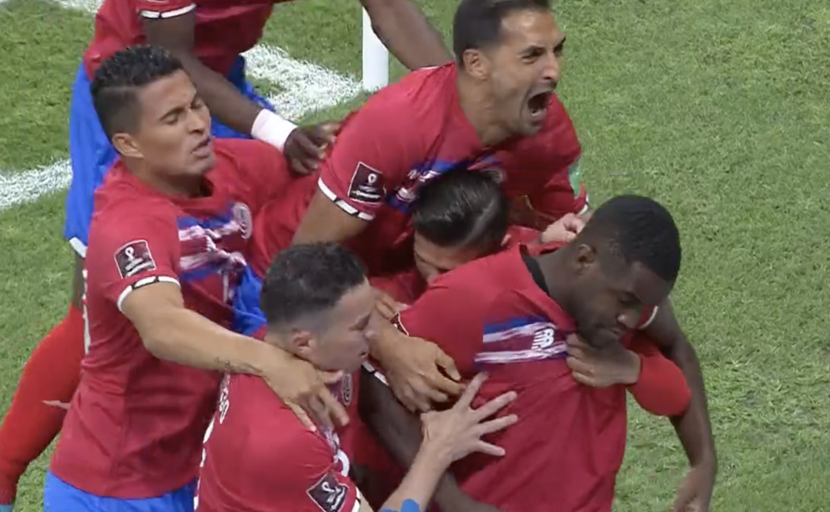 Joel Campbell (bottom right) pictured being mobbed by his teammates after scoring for Costa Rica in the CONCACAF-OFC play-off against New Zealand