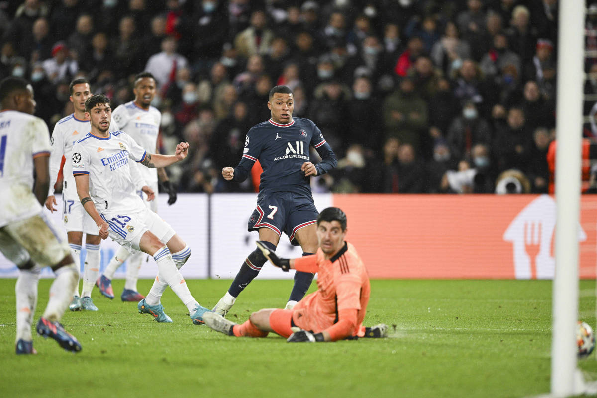 Kylian Mbappe scores for PSG against Real Madrid in February 2022