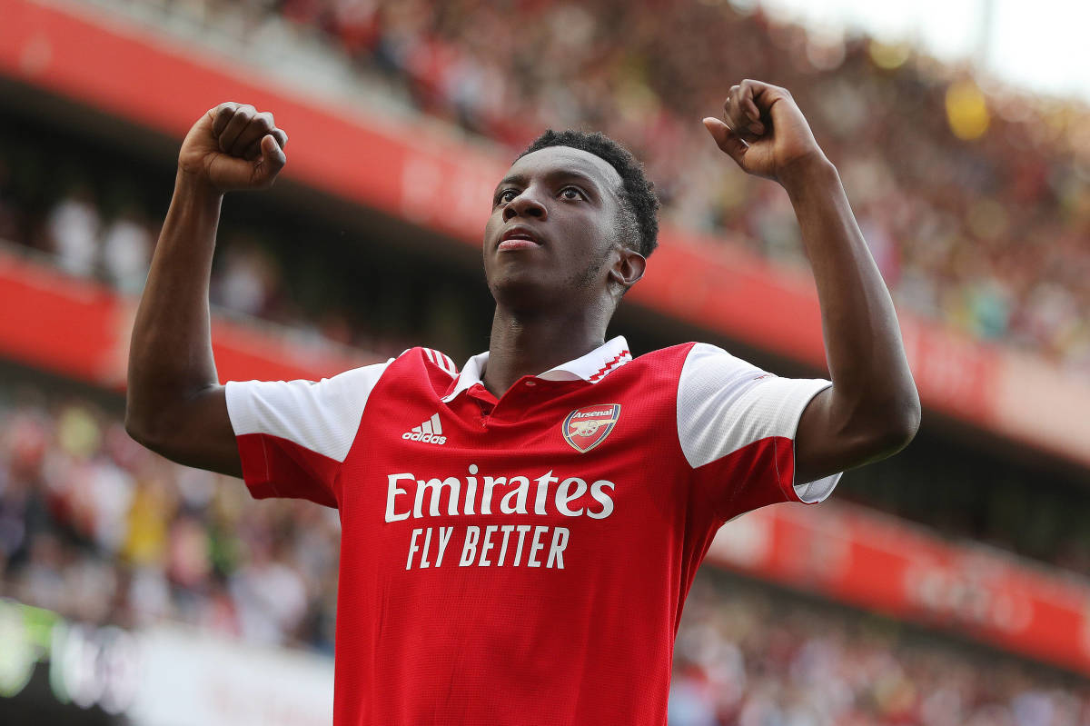 Eddie Nketiah pictured celebrating after scoring for Arsenal in a 5-1 win over Everton in May 2022
