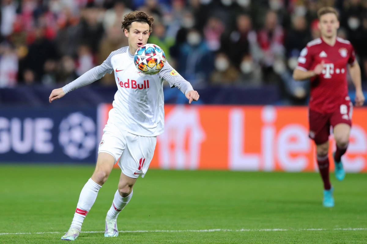 Brenden Aaronson pictured in action for RB Salzburg vs Bayern Munich in February 2022