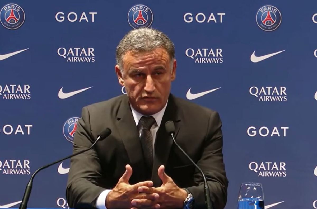 Christophe Galtier pictured during his first ever press conference as Paris Saint-Germain manager