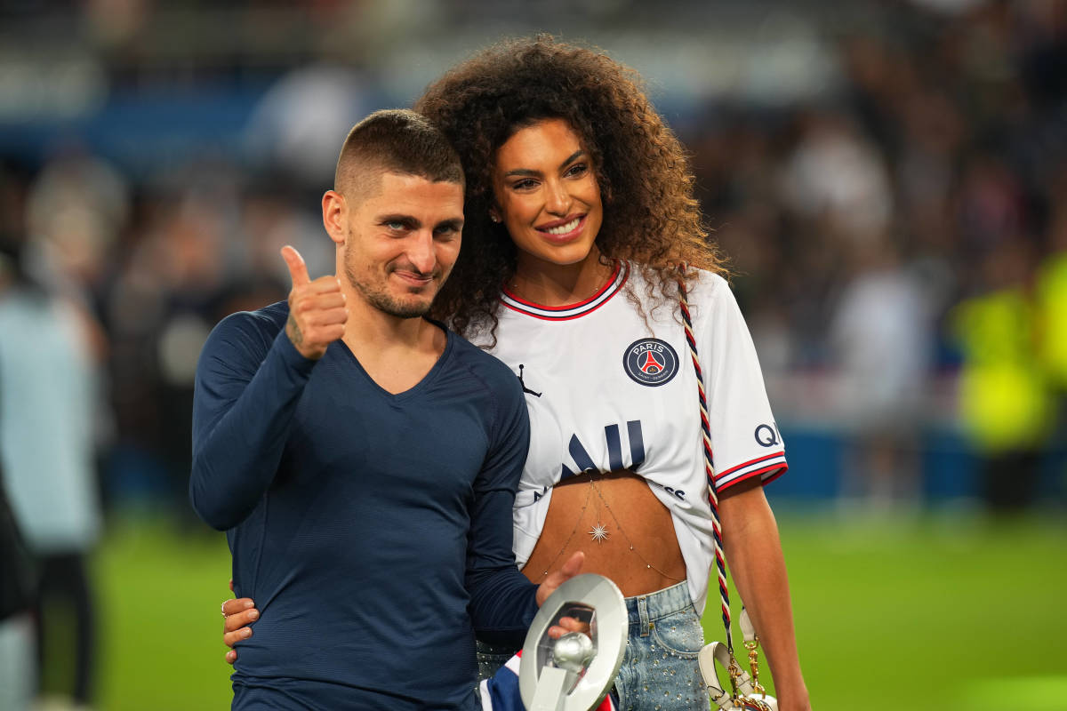 Marco Verratti and wife Jessica Aidi pictured in Paris in May 2022 after PSG were crowned Ligue 1 champions