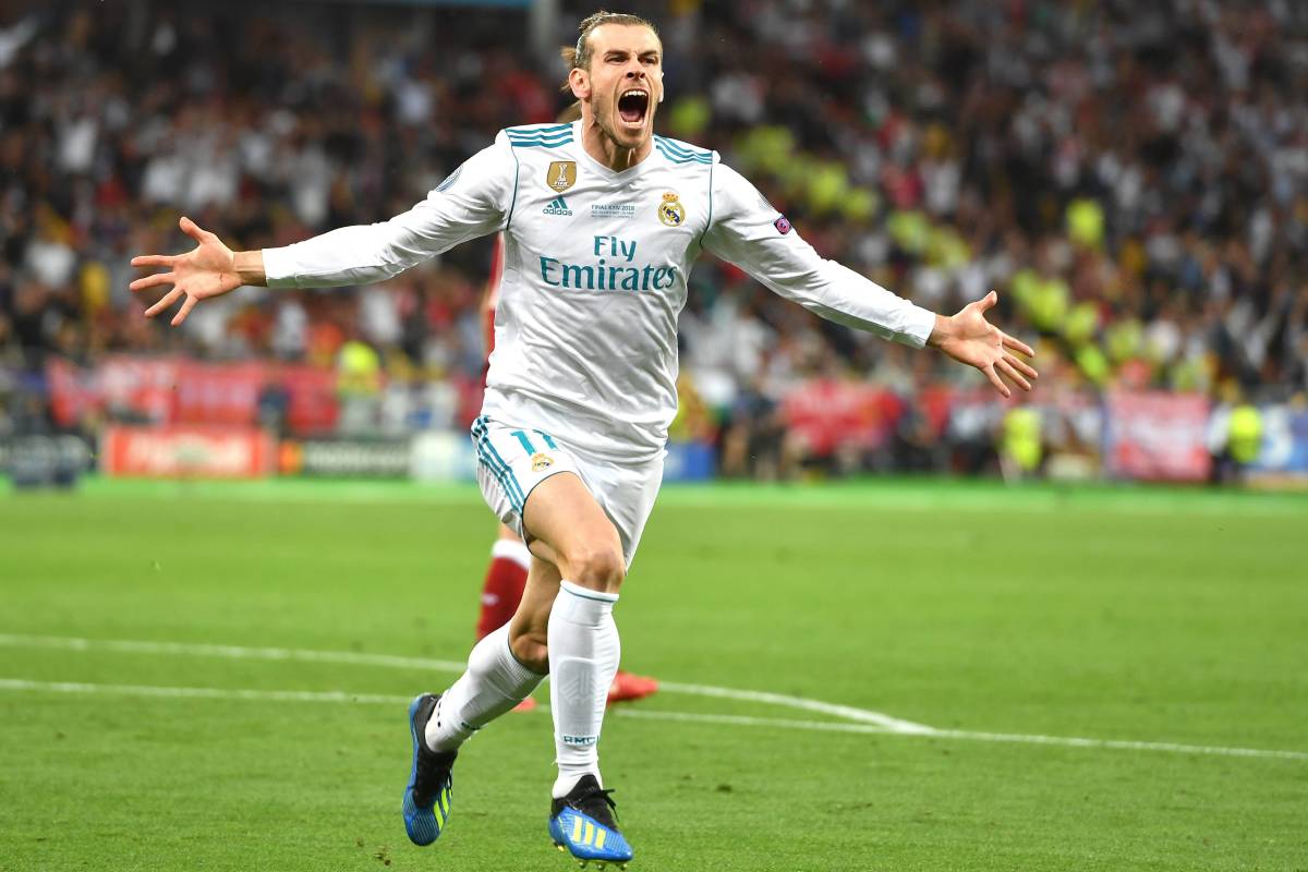Gareth Bale pictured celebrating after scoring for Real Madrid in the 2018 Champions League final against Liverpool