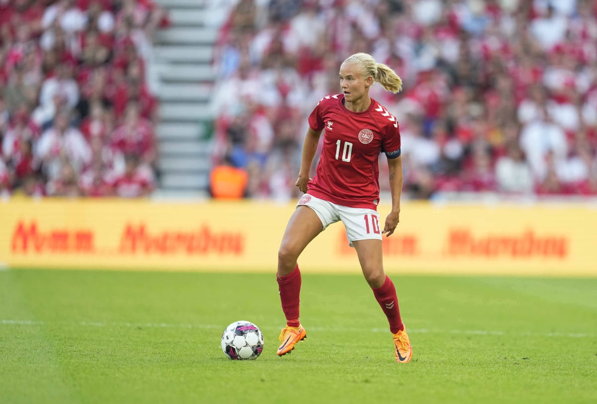 Pernille Harder pictured playing for Denmark against Brazil in June 2022