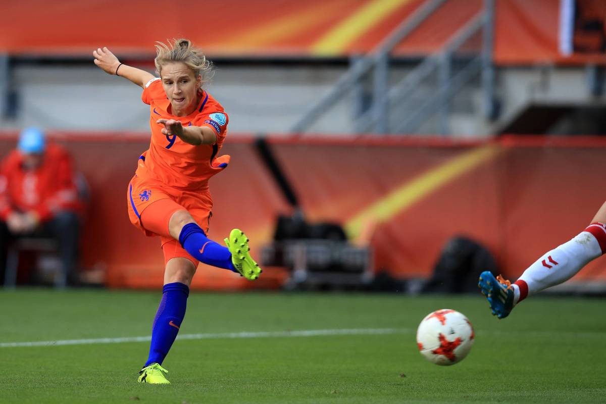 Vivianne Miedema pictured scoring for Holland against Denmark in the final of UEFA Women's Euro 2017