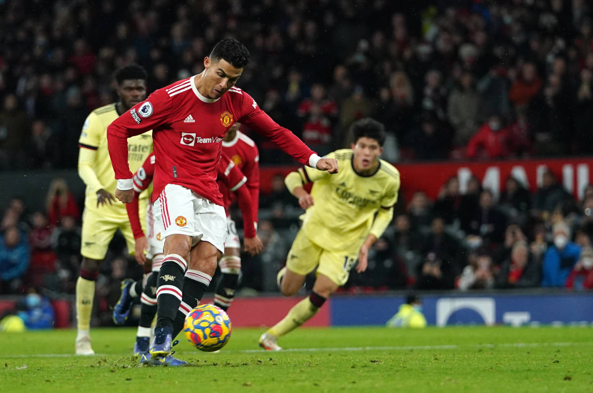 Cristiano Ronaldo pictured scoring for Manchester United against Arsenal in December 2021