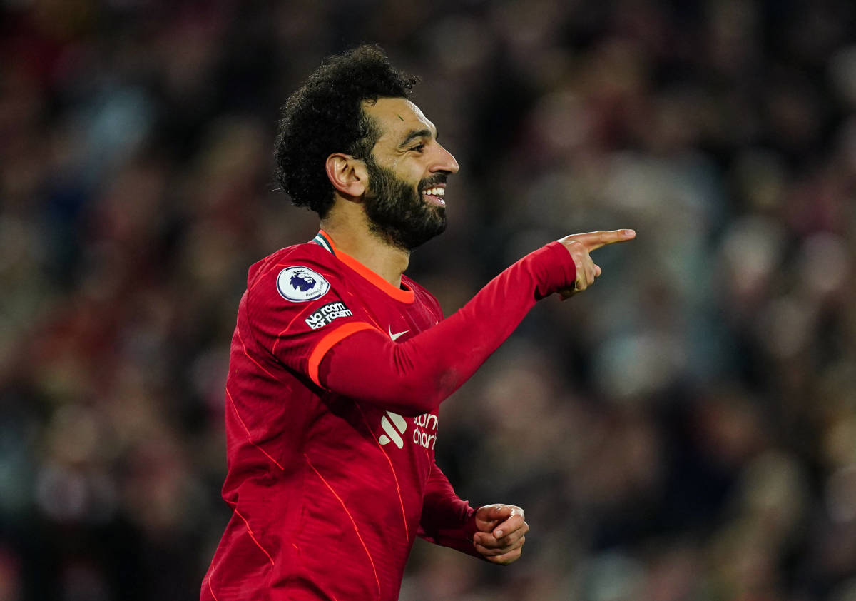 Mo Salah pictured celebrating during Liverpool's 4-0 win over Manchester United at Anfield in April 2022