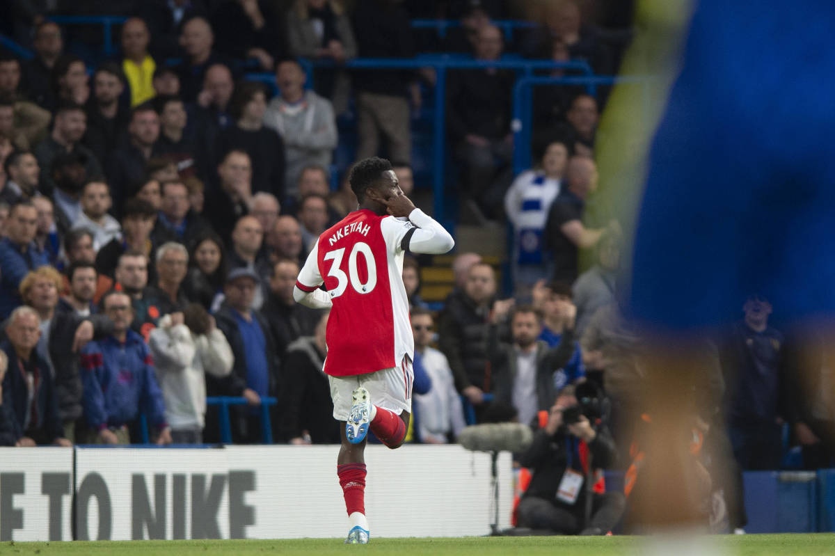 Eddie Nketiah celebrates scoring for Arsenal in their 4-2 win at Chelsea in April 2022