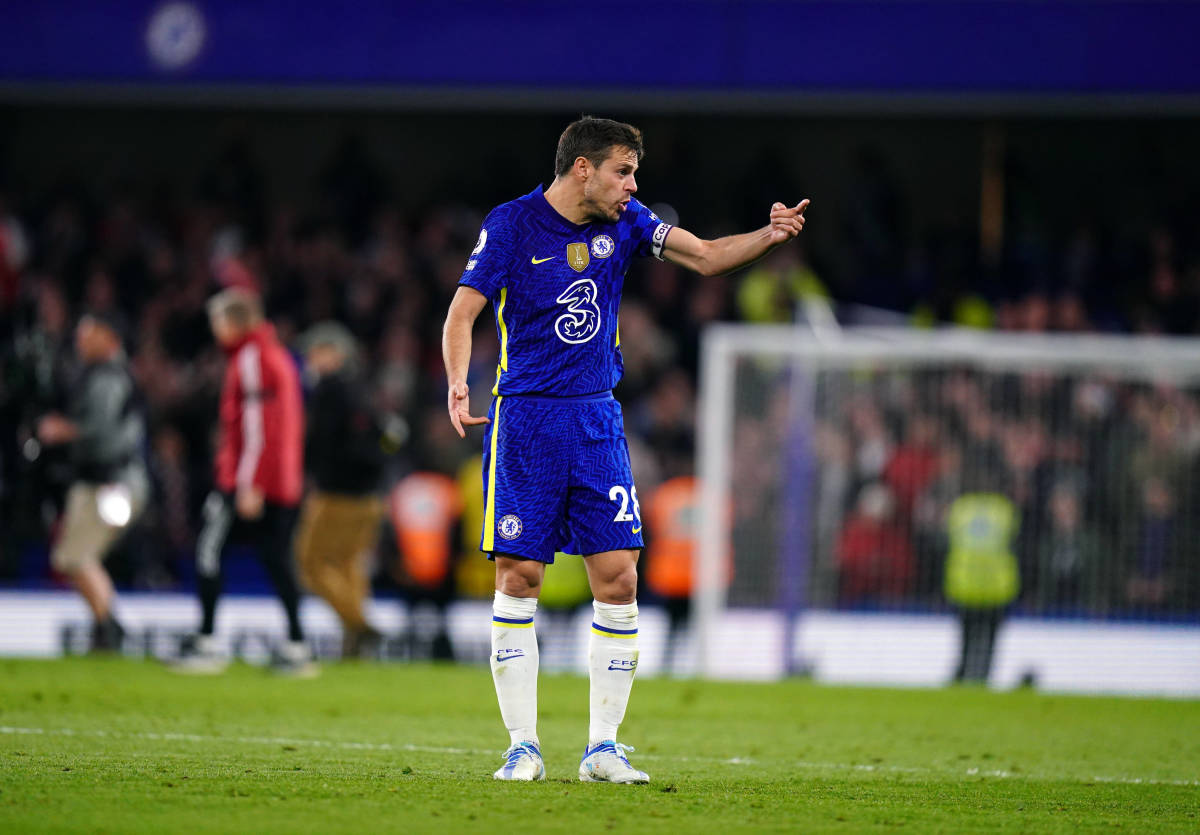 Cesar Azpilicueta points to a Chelsea fan in the crowd at Stamford Bridge before confronting him following his side's 4-2 loss to Arsenal in April 2022