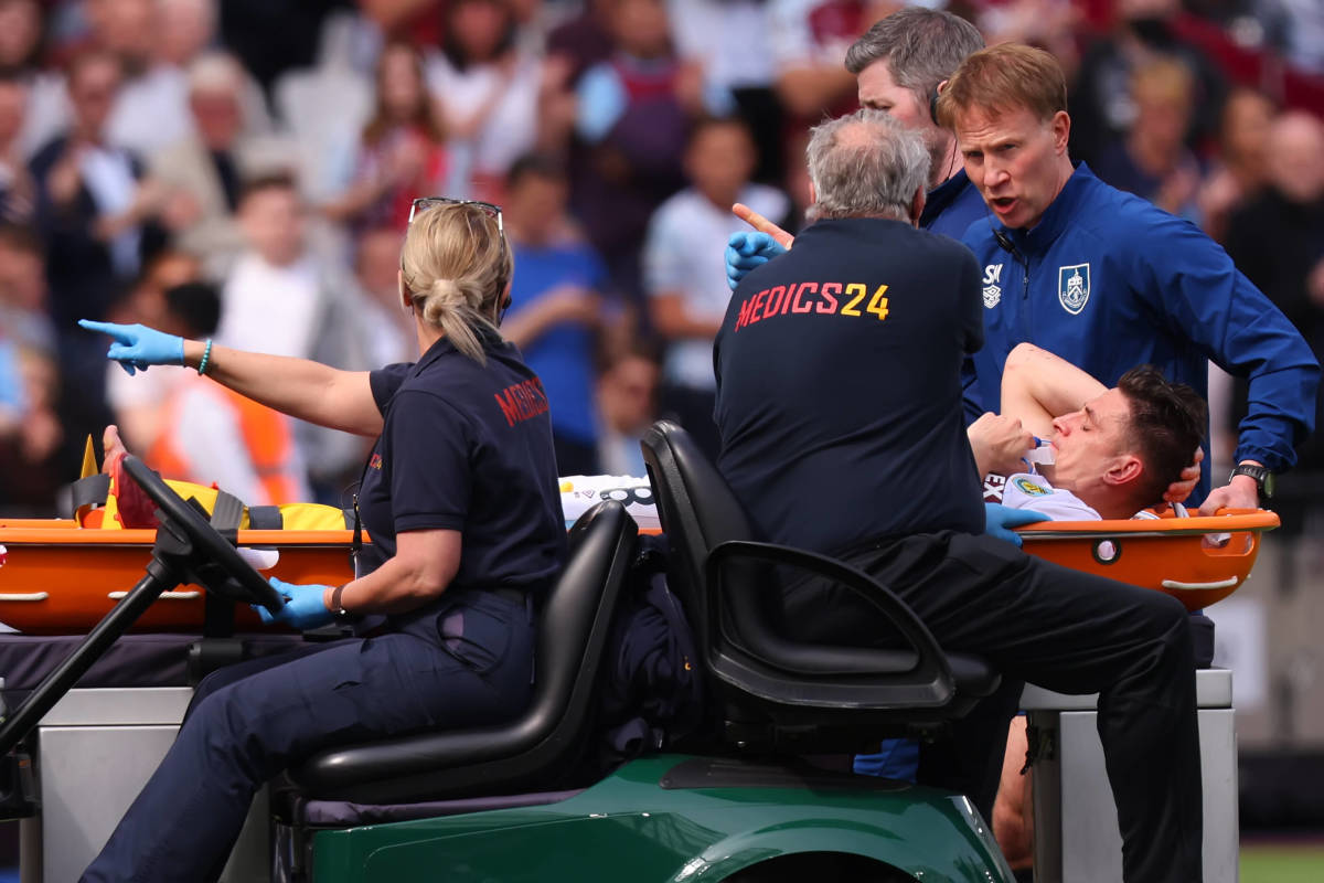 Burnley midfielder Ashley Westwood is taken away on a stretcher after suffering a serious ankle injury at West Ham's London Stadium