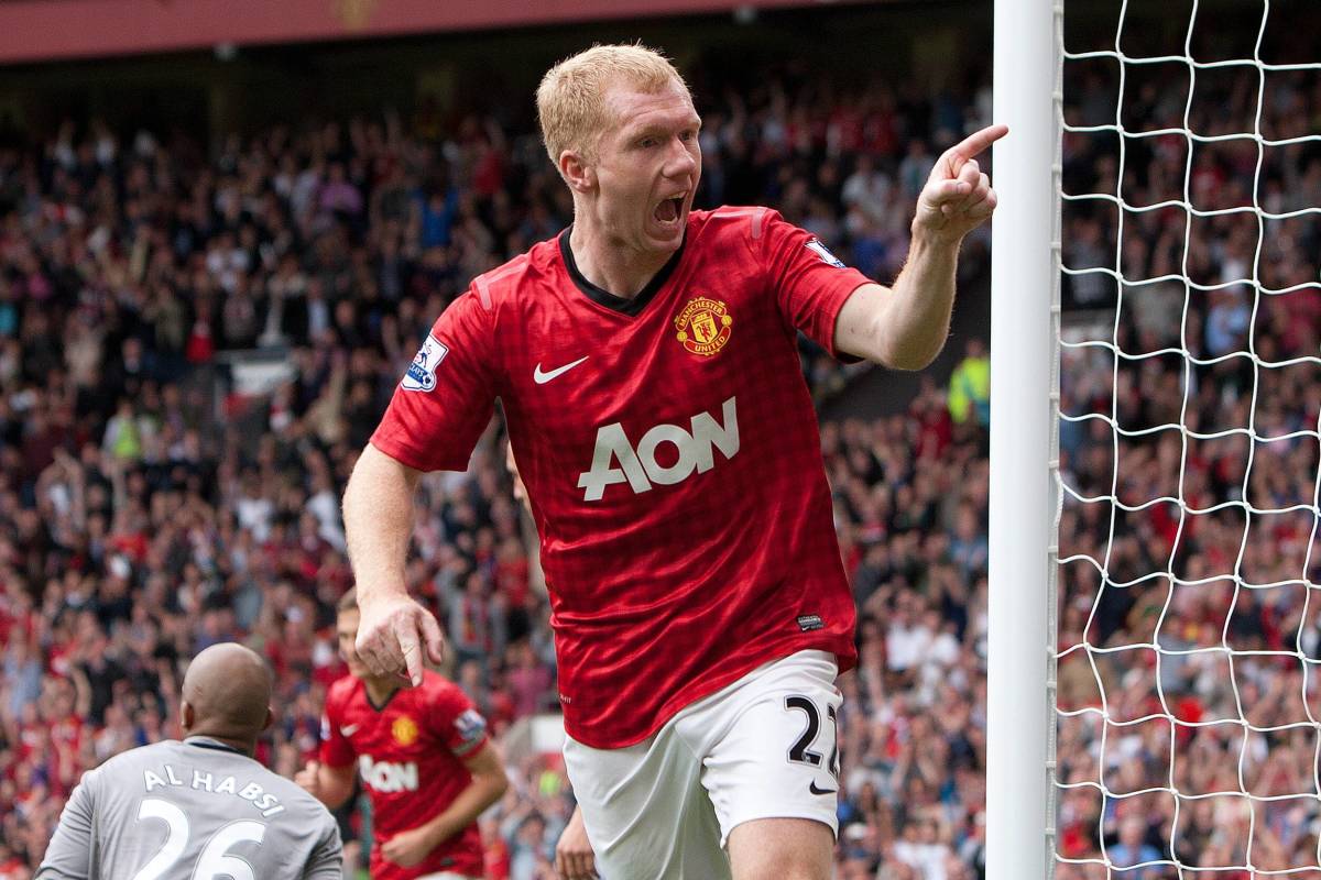 Paul Scholes pictured celebrating one of his 107 Premier League goals for Manchester United in 2012