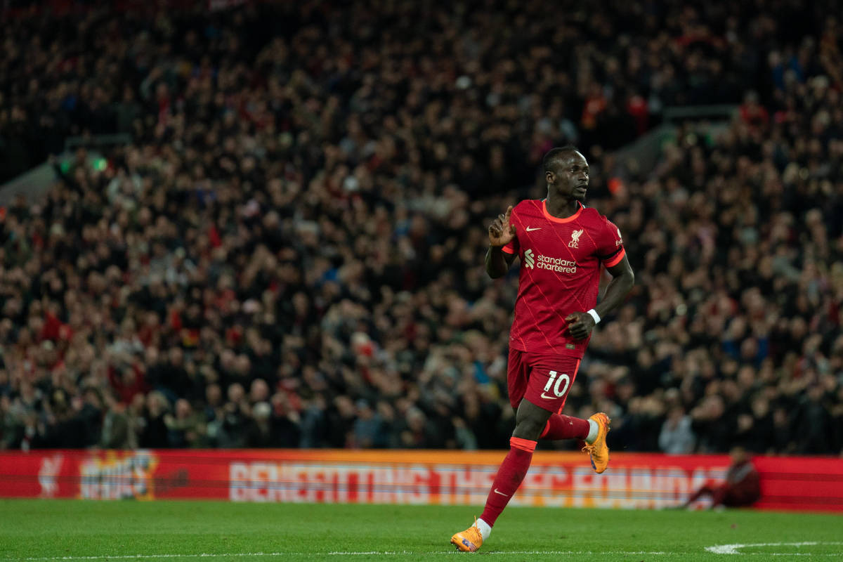 Sadio Mane pictured celebrating during Liverpool's 4-0 win over Manchester United in April 2022