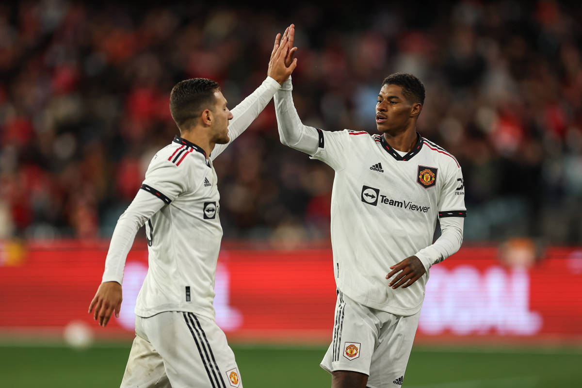 Marcus Rashford (right) pictured after scoring for Manchester United against Crystal Palace in a 2022 pre-season friendly
