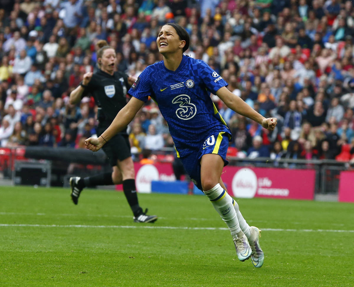 Sam Kerr pictured celebrating after scoring for Chelsea against Manchester City in the 2022 Women's FA Cup Final