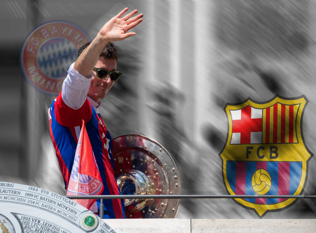 Robert Lewandowski pictured waving in front of superimposed Bayern Munich and Barcelona club crests