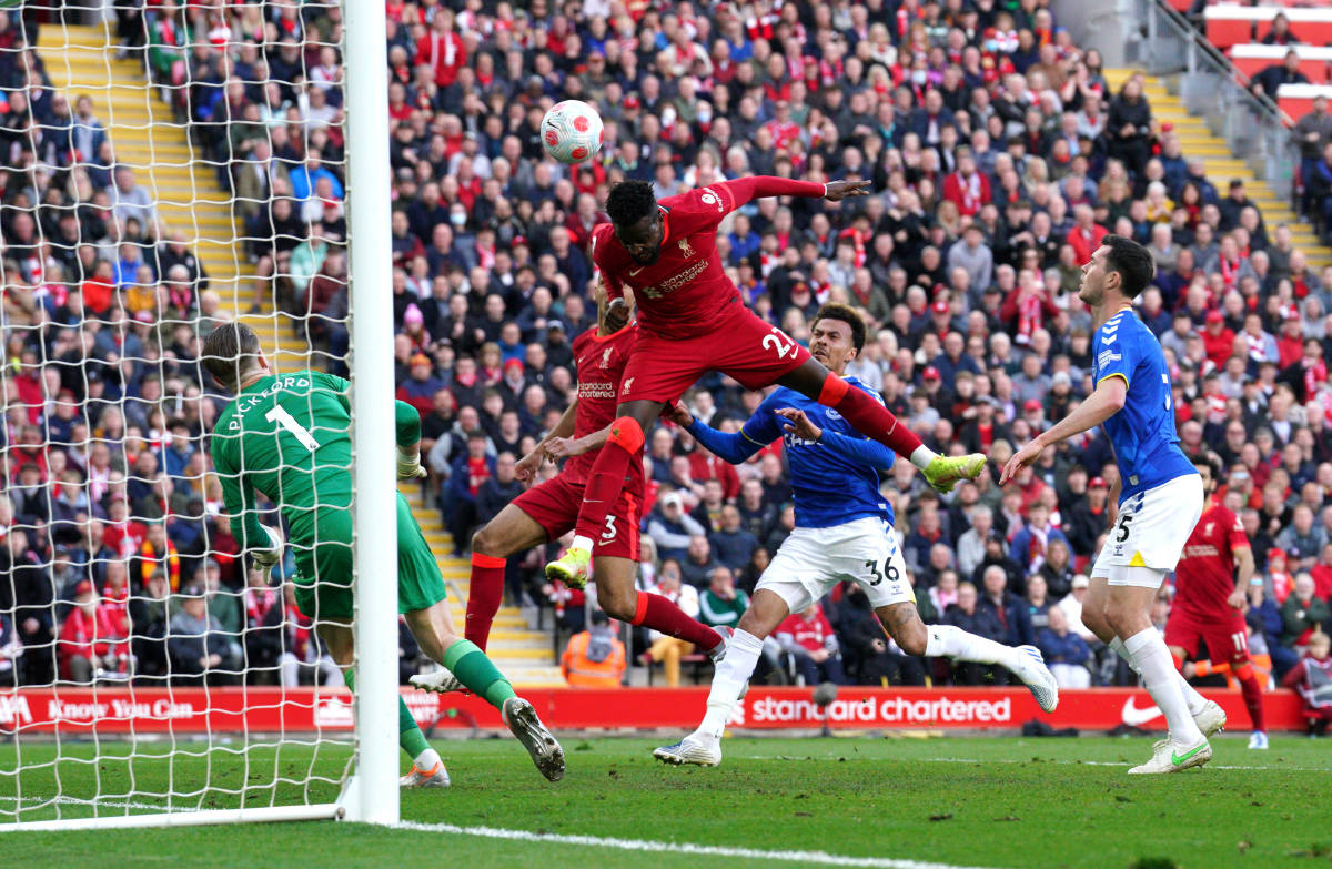 Divock Origi heads home his sixth Premier League goal against Everton to help Liverpool to a 2-0 win at Anfield in April 2022