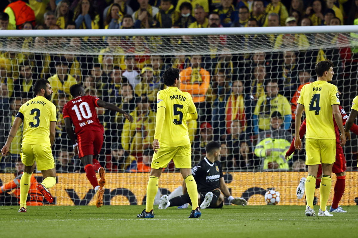 Liverpool No 10 Sadio Mane scores his side's second goal in their 2-0 win over Villarreal at Anfield