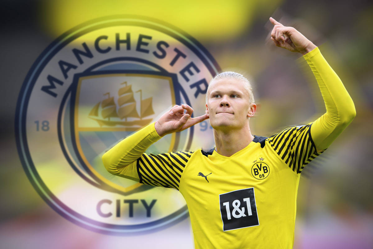 Erling Haaland pictured wearing a Borussia Dortmund shirt with a Manchester City crest superimposed over the background