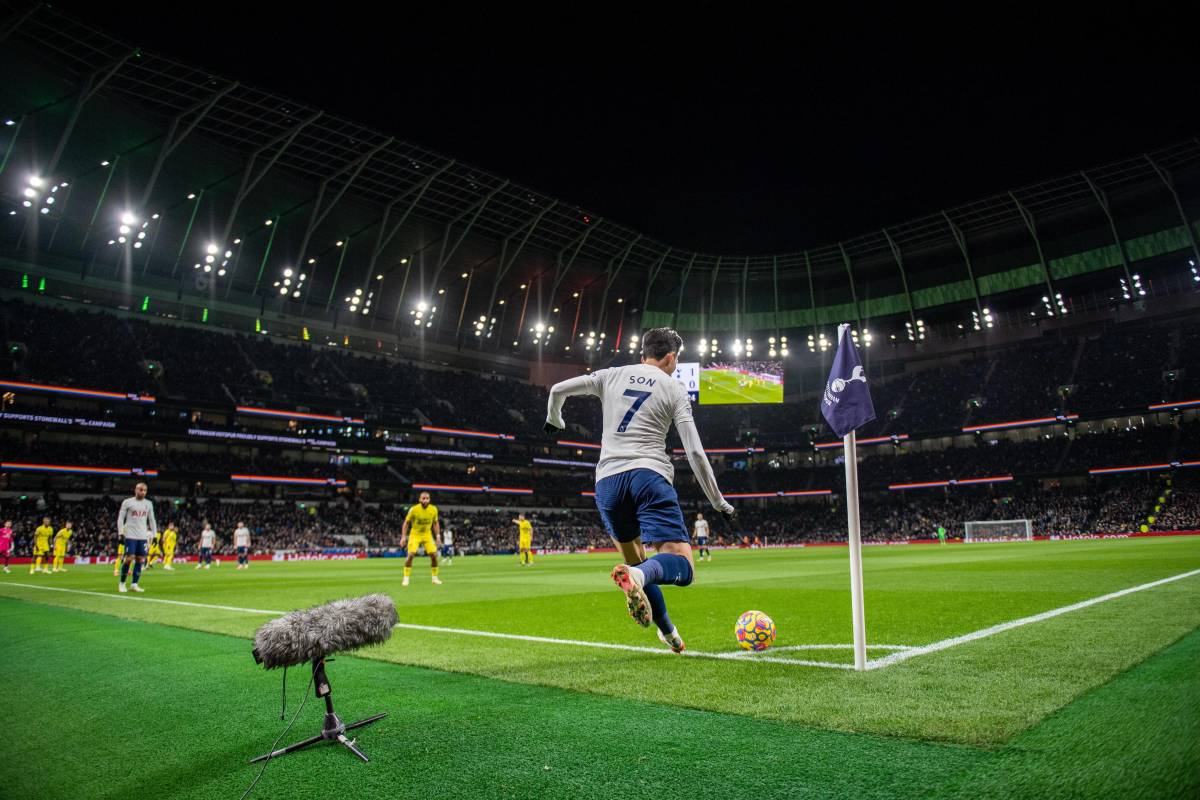 Son Heung-min pictured taking a corner for Tottenham in a Premier League game against Brentford in December 2021