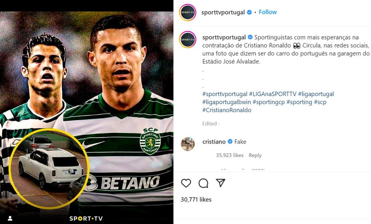 A screenshot of Cristiano Ronaldo commenting the word "Fake" on a report published on Sport TV's Instagram account