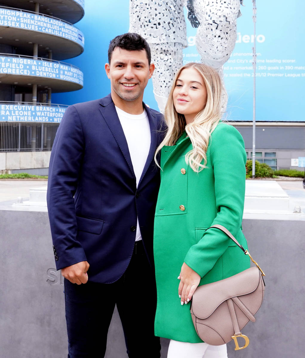 Sergio Aguero pictured with girlfriend Sofia Calzetti outside the Etihad Stadium in May 2022 on the day Manchester City unveiled a statue of their former striker