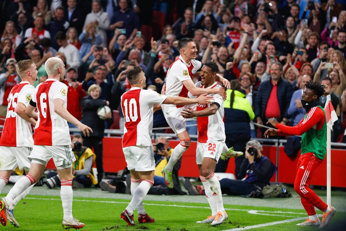 Ajax's players pictured celebrating during their victory over Heerenveen in May 2022