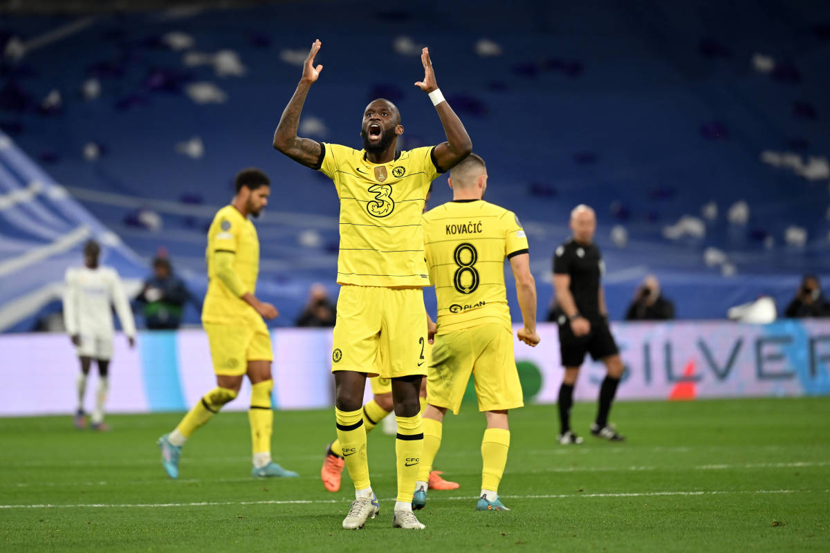 Antonio Rudiger pictured celebrating after scoring for Chelsea at Real Madrid in April 2022