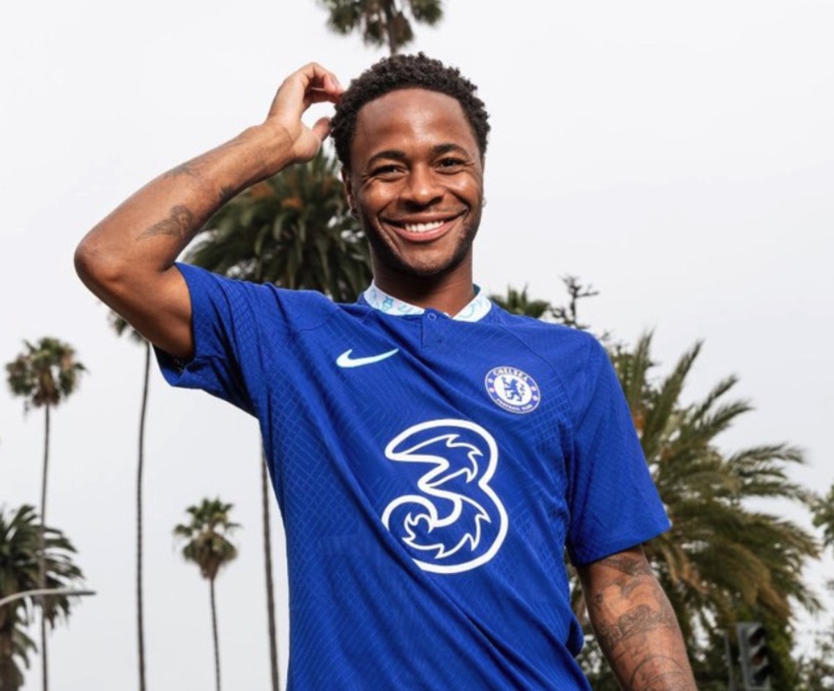 Raheem Sterling pictured in Los Angeles wearing Chelsea's 2022/23 home jersey after signing from Manchester City