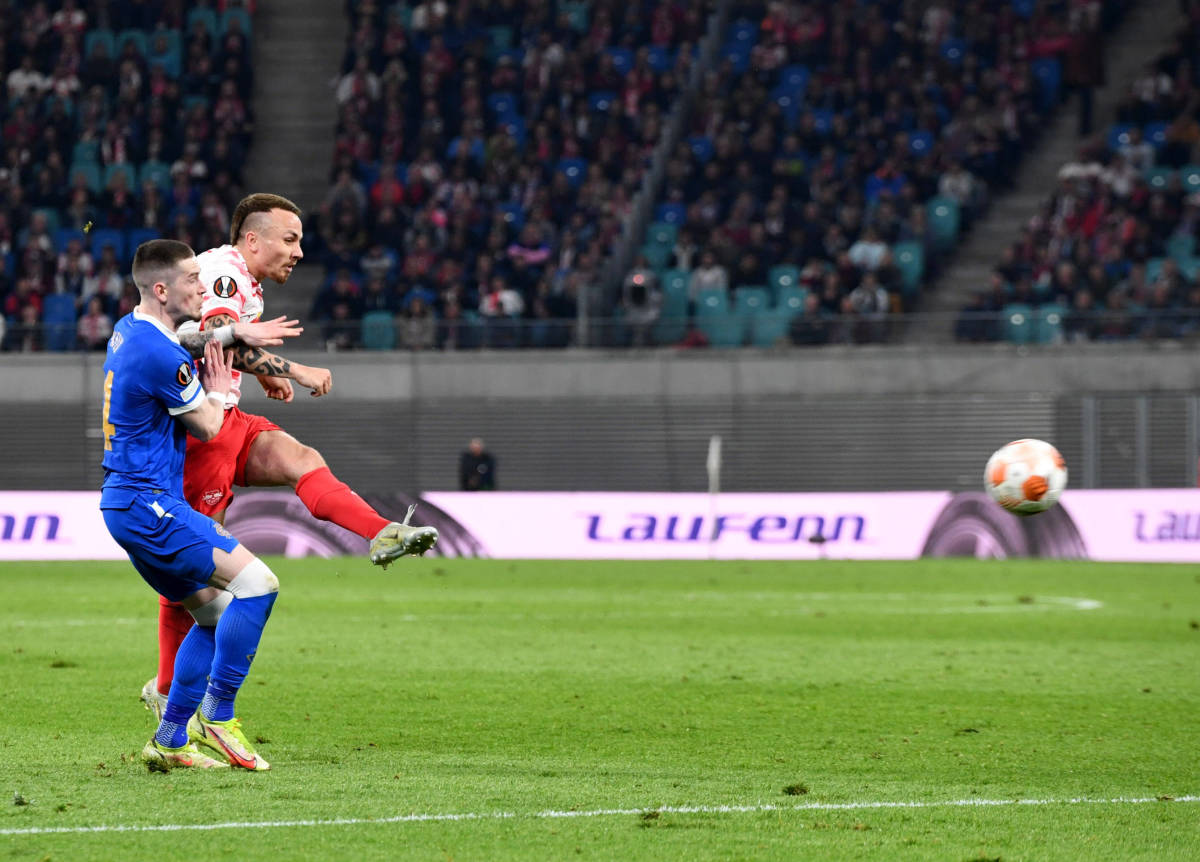 RB Leipzig's Angelino hits a left-footed volley to score a Europa League Goal of the Season contender against Rangers