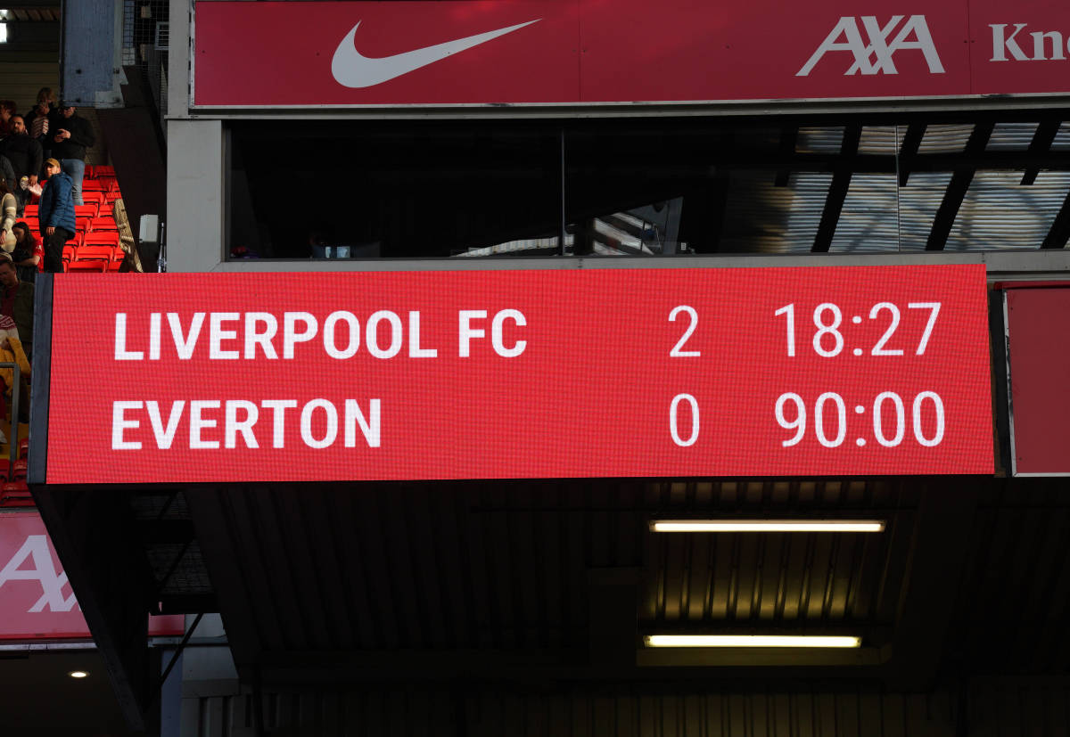 A view of the scoreboard at Anfield after Liverpool beat Everton 2-0 in April 2022