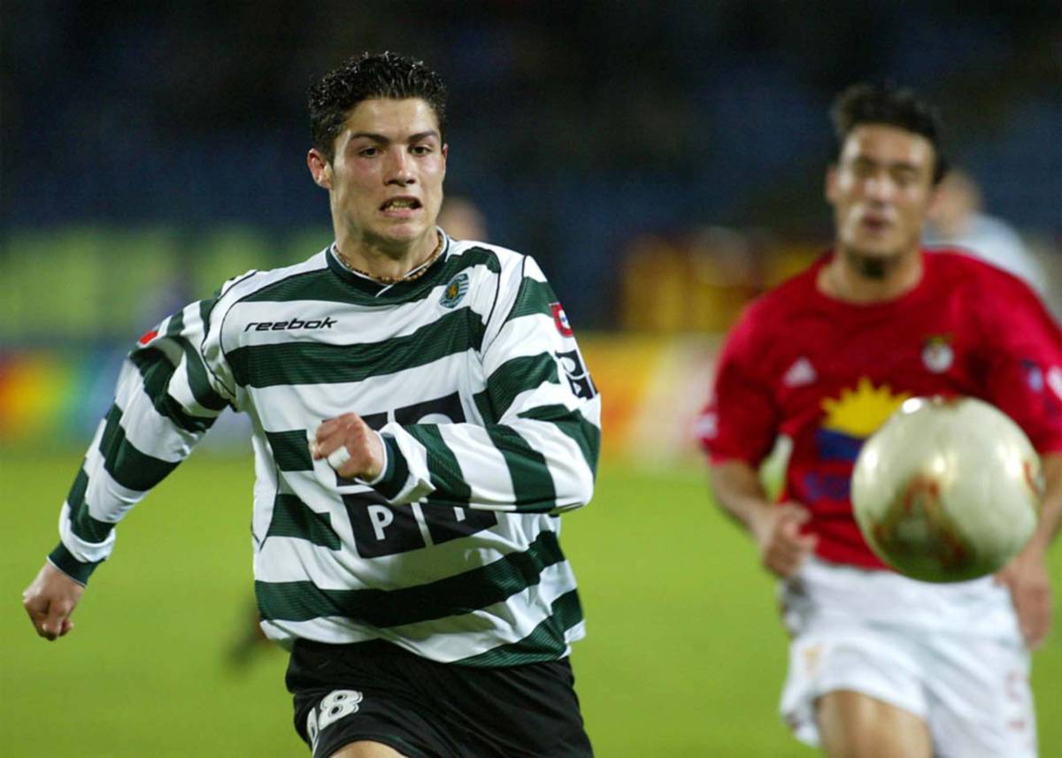 A teenage Cristiano Ronaldo (left) pictured playing for Sporting Lisbon in 2003