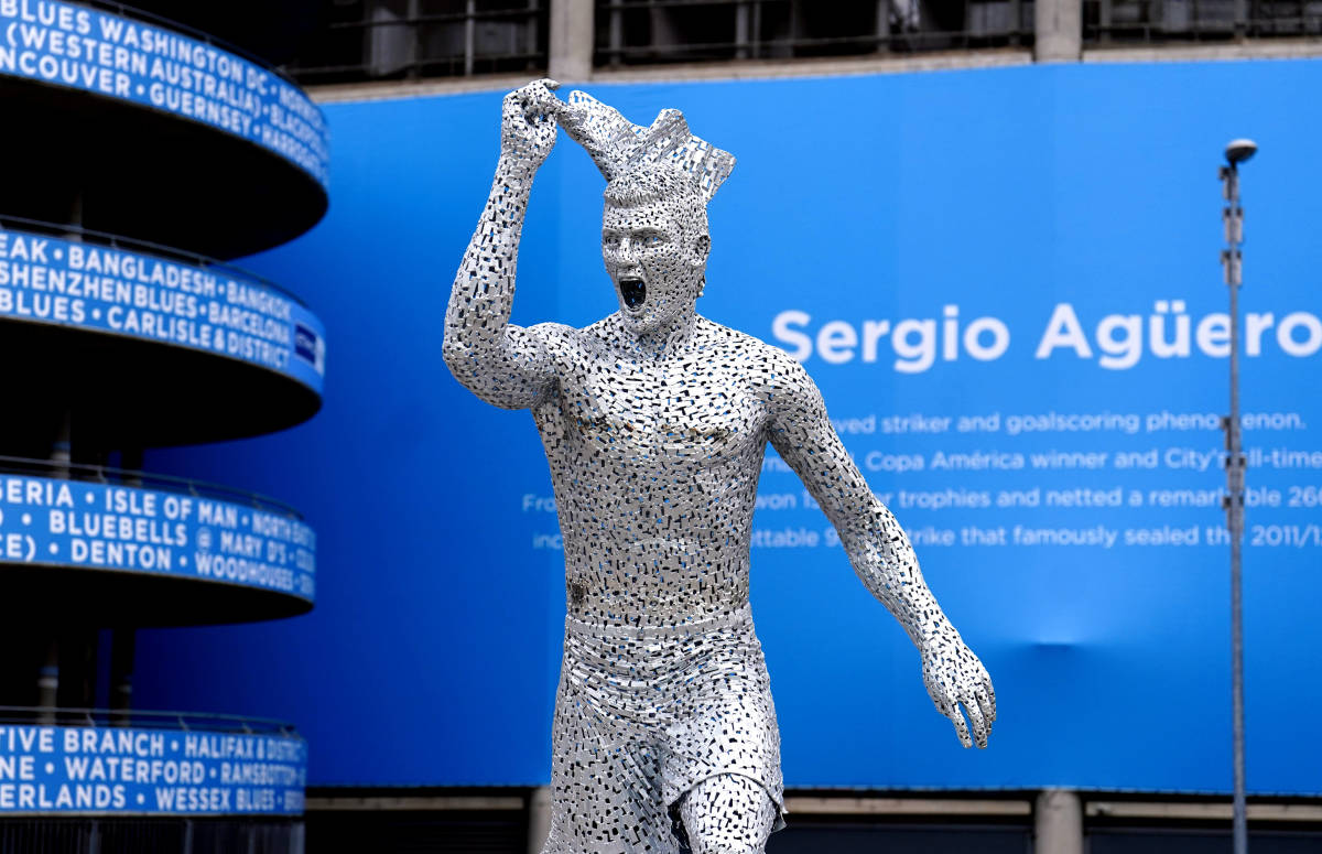 A statue of Sergio Aguero pictured outside of Manchester City's Etihad Stadium on the day it was unveiled in May 2022