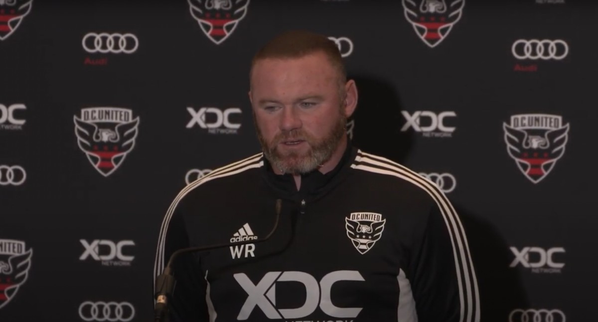 Wayne Rooney pictured at a press conference after being named as D.C. United manager in July 2022