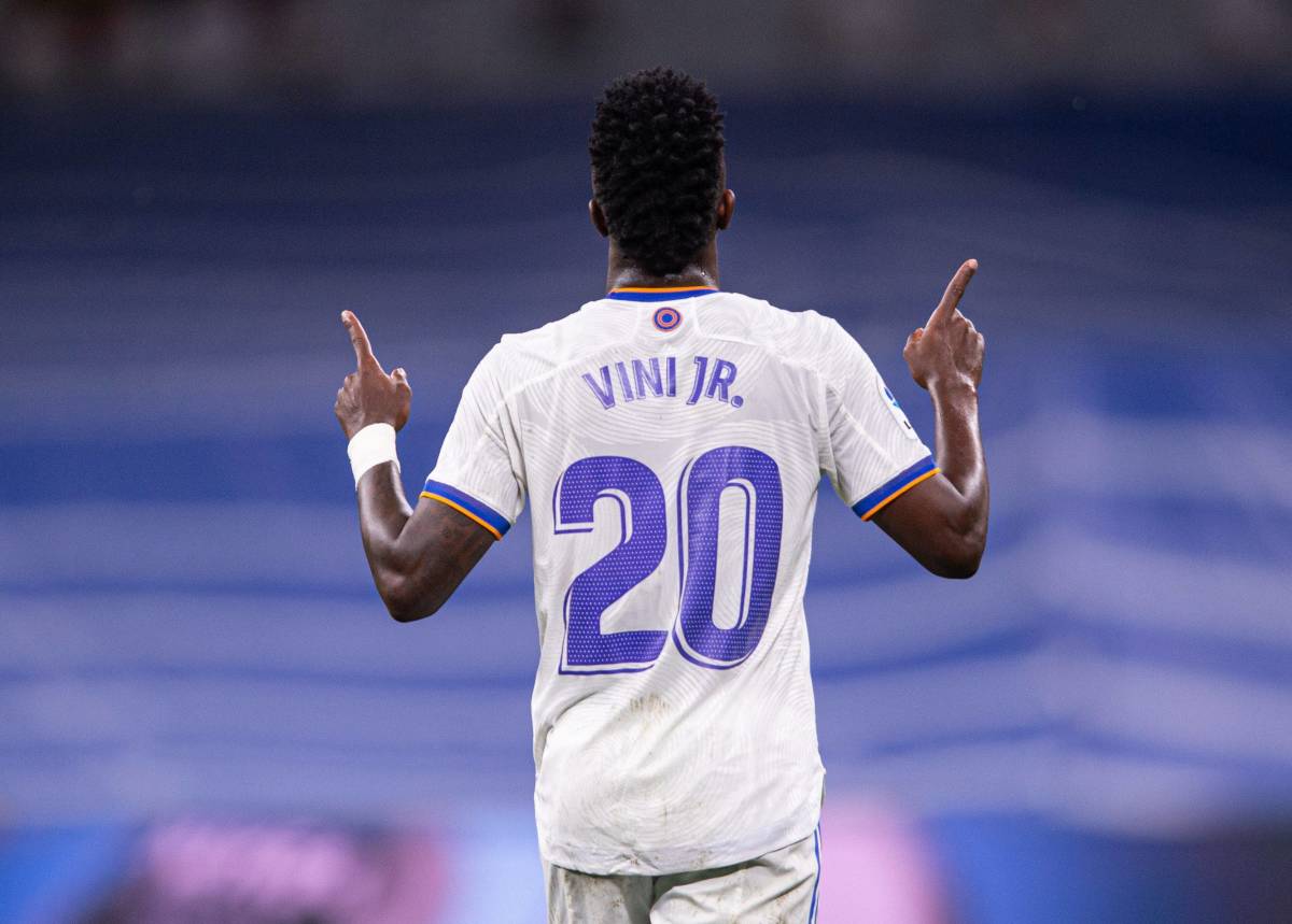 Vinicius Junior pictured celebrating a goal on the night he scored his first hat-trick for Real Madrid - in a 6-0 win over Levante in May 2022
