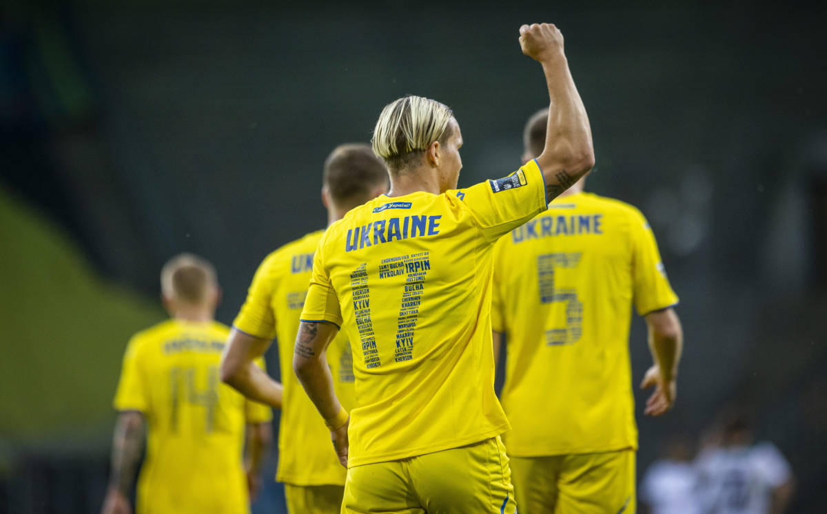 Mykhailo Mudryk pictured celebrating after scoring Ukraine's first goal of 2022 in a friendly against Borussia Monchengladbach