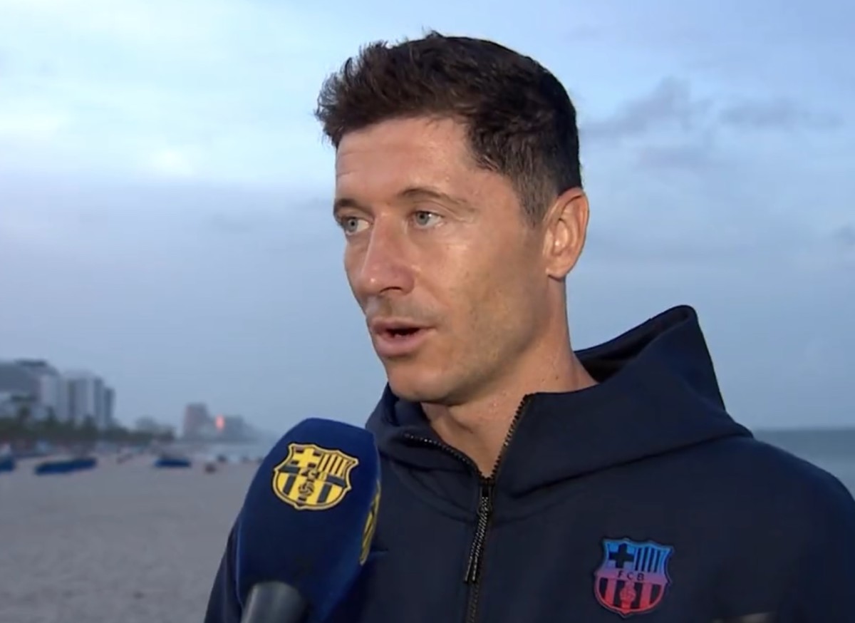 Robert Lewandowski pictured giving his first official interview as a Barcelona player