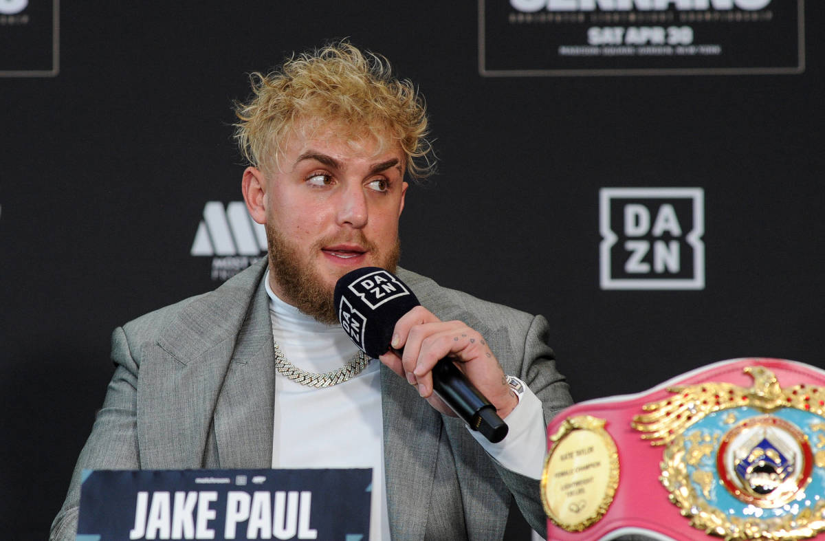 Jake Paul pictured at a boxing press conference in February 2022