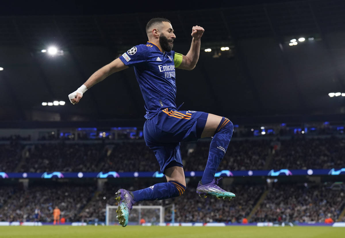 Karim Benzema pictured celebrating after scoring his second goal of the game in Real Madrid's 4-3 first-leg loss to Manchester City in their Champions League semi-final