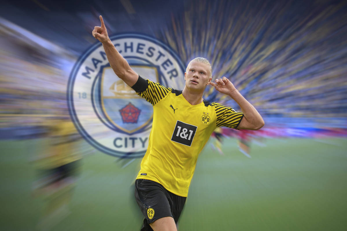 Erling Haaland pictured in a Dortmund shirt behind a Man City background