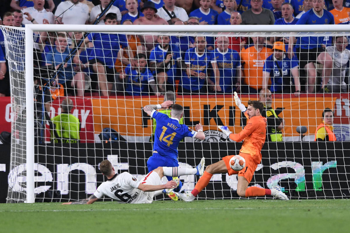 Frankfurt goalkeeper Kevin Trapp (right) pictured making a save to deny Rangers' Ryan Kent during extra time in the 2022 Europa League final
