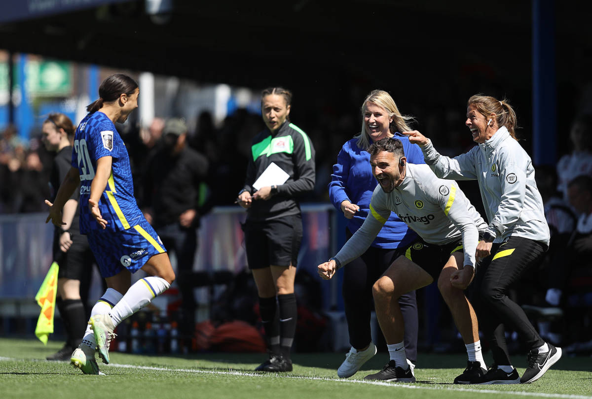 Sam Kerr (left) pictured celebrating after scoring her second goal in Chelsea's 4-2 win over Manchester United, which saw her team claim a third consecutive WSL title