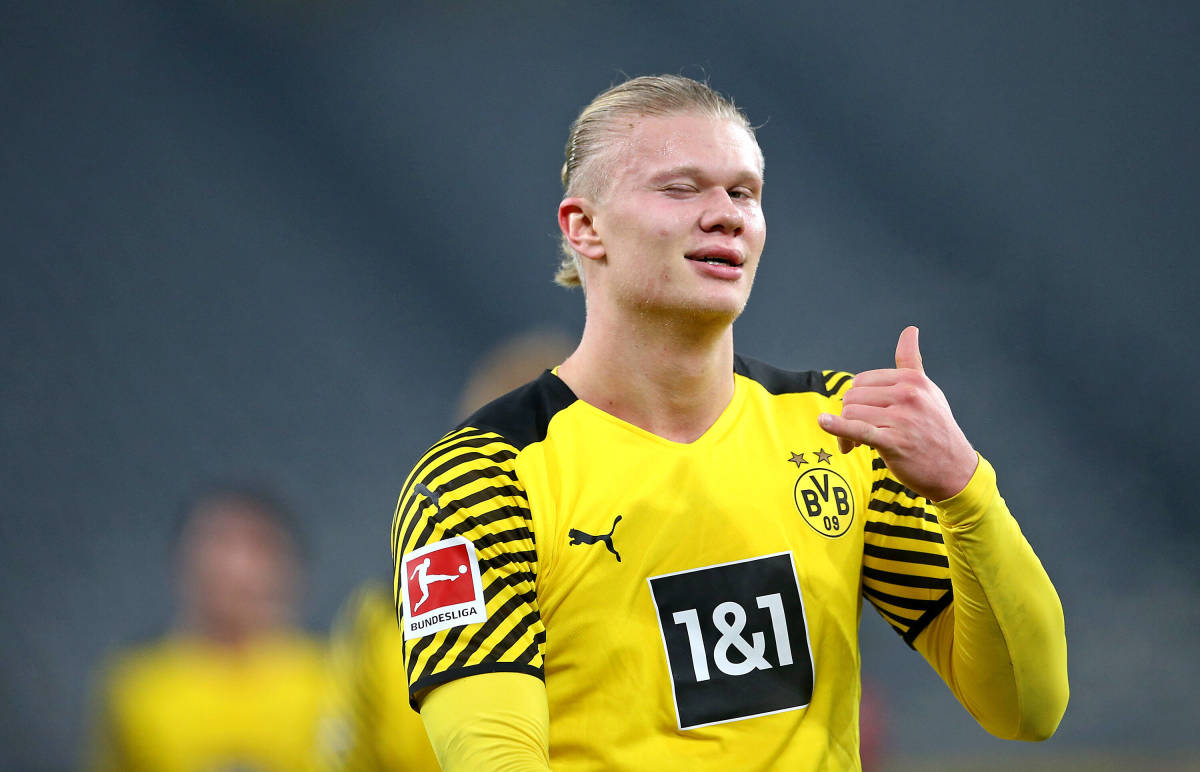 Erling Haaland pictured celebrating a goal for Borussia Dortmund in January 2022