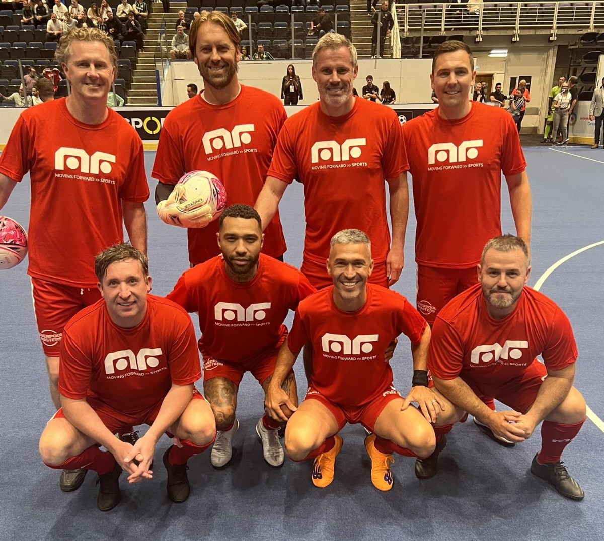 Top: (left to right) Steve McManaman, Sander Westerveld, Jamie Carragher, Stewart Downing. Bottom: (left to right) Robbie Fowler, Jermaine Pennant, Luis Garcia and David Thompson