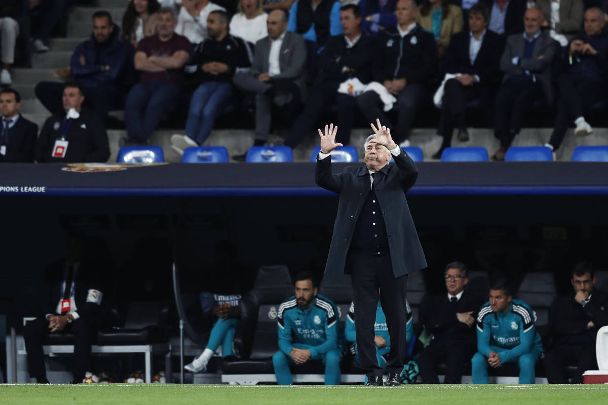 Real Madrid manager Carlo Ancelotti pictured gesturing to his players during their Champions League semi-final win over Manchester City in 2022