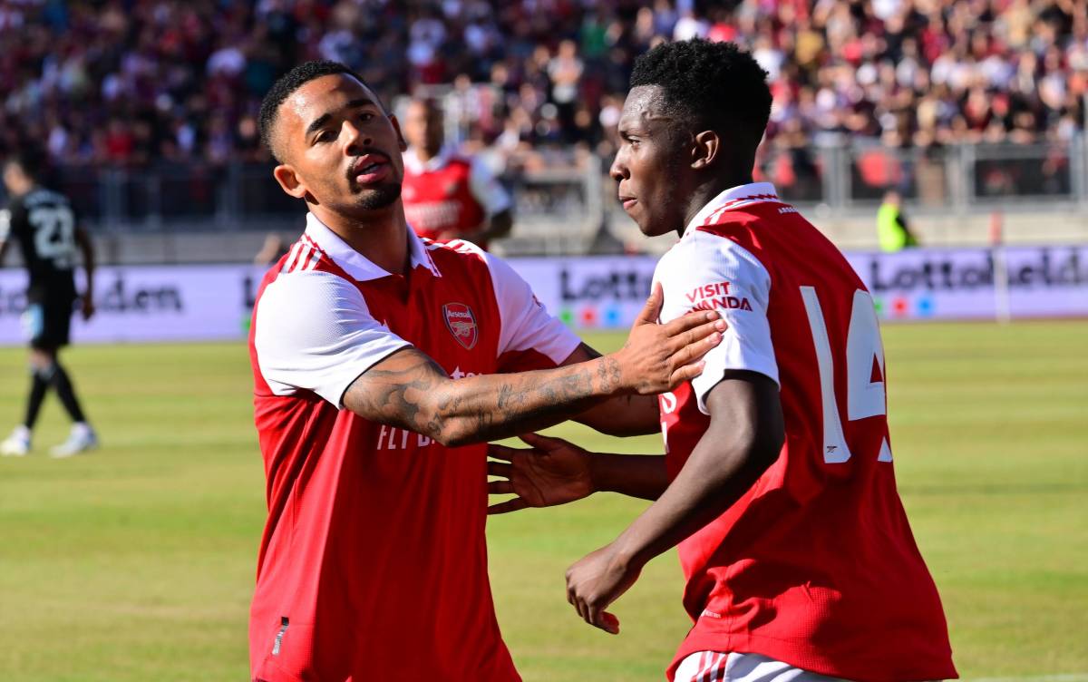Gabriel Jesus (left) and Eddie Nketiah pictured during Arsenal's 5-3 win over Nurnberg in July 2022