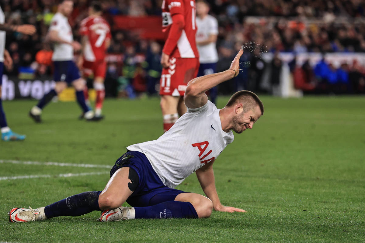 Eric Dier beats the ground in frustration after missing a chance in Tottenham's loss to Middlesbrough in March 2022